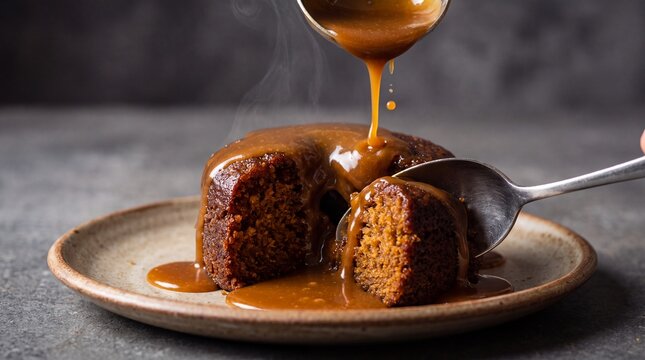 Warm Sticky Toffee Pudding with Cascading Caramel Sauce and Moist Christmas Dessert Texture