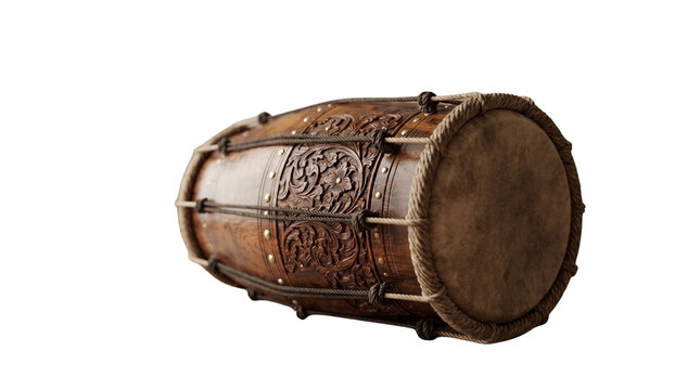 Traditional dholak drum with ornate wood carvings, ethnic percussion instrument for folk music, handcrafted wooden dhol with leather skin heads isolated PNG with Transparent Background