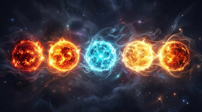 Five glowing colorful energy spheres floating in deep dark space with bright light effects and cosmic nebulas background