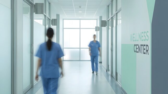 Two medical professionals walking through a modern clean clinical hallway towards the bright wellness center entrance.