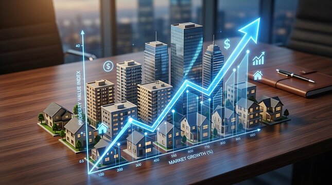 Glowing blue business graph showing city real estate market growth with skyscrapers on a dark office desk surface