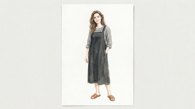 Woman standing in a dark pinafore dress over a gray blouse, soft hand-painted editorial illustration on white, muted charcoal, taupe and pale skin tones, loose hair, simple sandals, modest casual