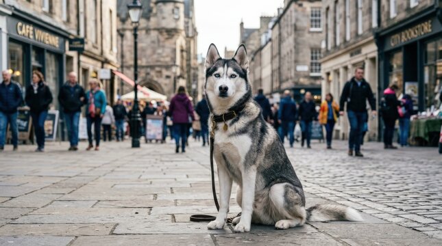 Siberian husky sitting proudly on a pedestrian street, premium pet photography, erect ears, bright eyes, urban crowd softly blurred, cool gray-blue palette, crisp daylight, confident city companion