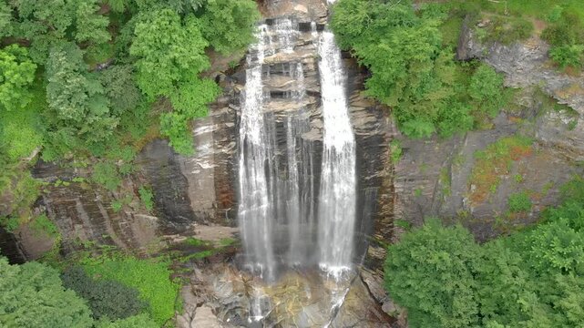Suuctu Waterfall in Bursa Turkey seen from aerial drone above lush forest canyon.