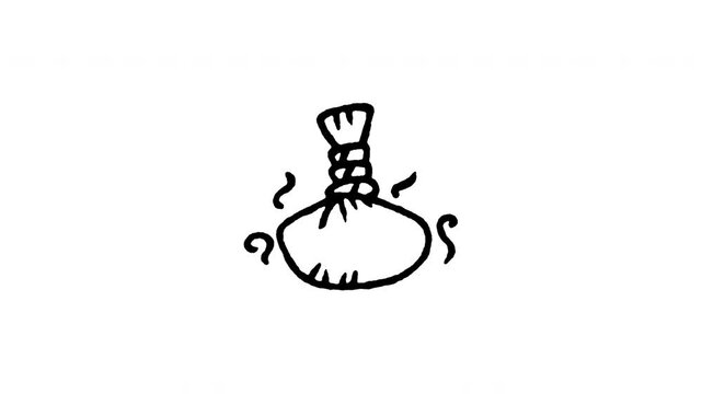 Animated doodle icon of a steaming Thai herbal compress ball Luk Pra Kob for spa massage.