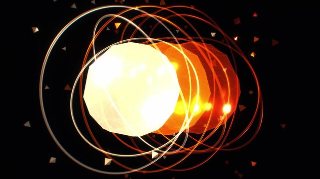 Luminous yellow faceted sphere rotates inside glowing orange and white orbital rings with flying particles in a 3D motion background