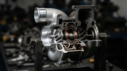 Fototapeta premium Turbocharger cutaway showing compressor impeller, turbine blades, oil passages and polished intake tubing
