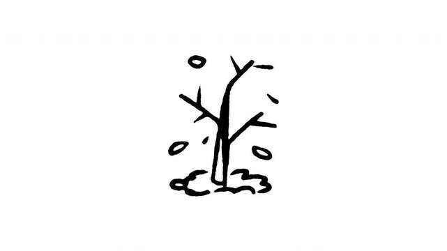 Animated doodle icon of a bare tree with falling leaves in autumn season.