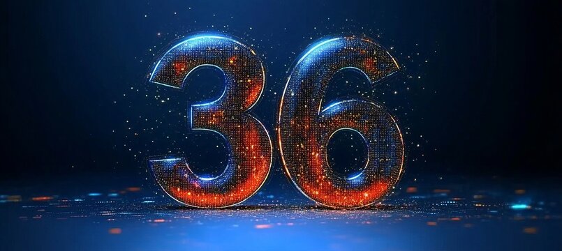 Glowing 3D Number 36 Illustration With Futuristic Digital Particles Isolated On Dark Blue Background