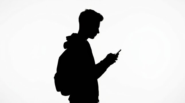 Young person shown in crisp black silhouette using a smartphone against a pure white background, minimalist communication concept, strong profile outline, high-key studio photography, monochrome black