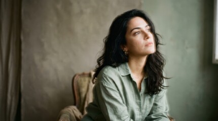 Fototapeta premium Dreamy portrait of a dark-haired woman in a muted green shirt, intentional soft focus and slight motion blur, warm gray and sage palette, neutral studio background, contemplative upward gaze, analog