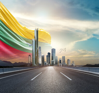 Lithuania  national flag waving behind the cityscape. Lithuania national flag for independence day.