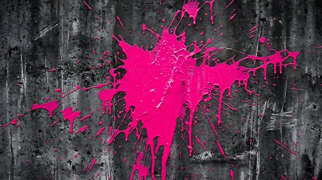 Bright pink paint splash on a dark black textured wall with messy liquid drips and artistic spray splatter pattern