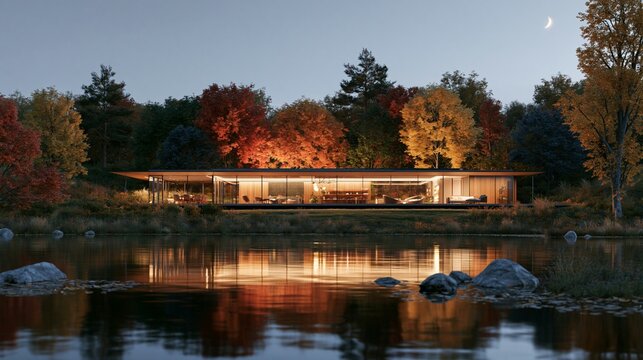 a modern house situated beside a calm lake. The house has a sleek, contemporary design with a flat roof and large glass windows that allow abundant natural light to illuminate the interior.