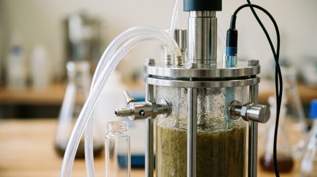 Fermenter vessel with aeration lines pH probe sampling port and biomass culture for next-generation microbial protein production