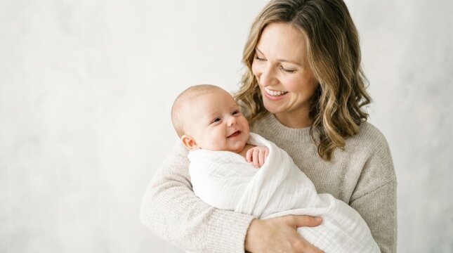 Smiling mother holding a happy baby wrapped in white against a bright studio background, family portrait photography, ivory, warm skin and soft gray palette, high-key diffused light, natural joyful