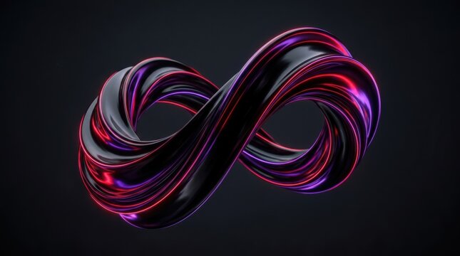 Abstract glossy black torus twisting into a fluid loop, premium 3D render, neon crimson and violet reflections, deep charcoal background, smooth liquid-metal material, dramatic rim lighting,