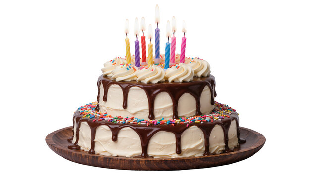 Two-tiered vanilla birthday cake with chocolate ganache drip colorful sprinkles and lit candles, isolated on transparent background