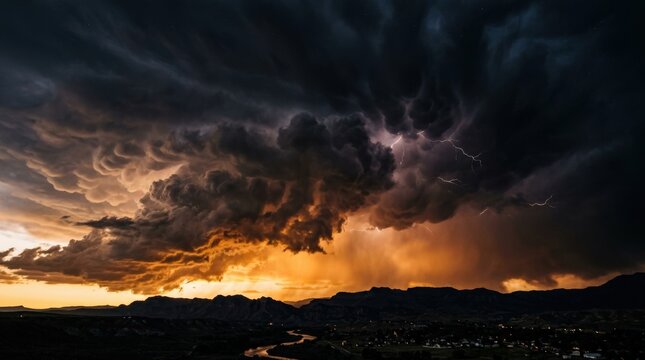 Dramatic billowing storm clouds glowing orange from below against a deep dark sky, cinematic atmospheric photography, burnt amber and black palette, high contrast, sculptural cloud texture, ominous