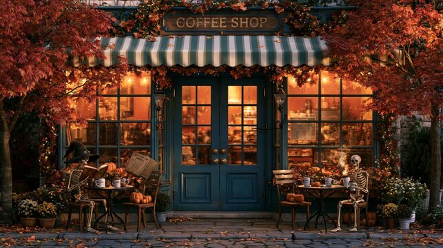 a cozy autumnal scene outside a coffee shop. The shops facade is adorned with a green and white striped awning, and its glass windows reflect the warm glow of the setting sun.
