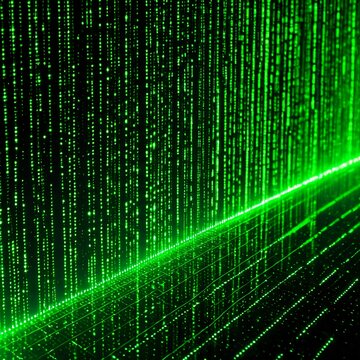 Abstract binary code data stream with glowing green digital matrix effect, cyber hacker concept, generative AI