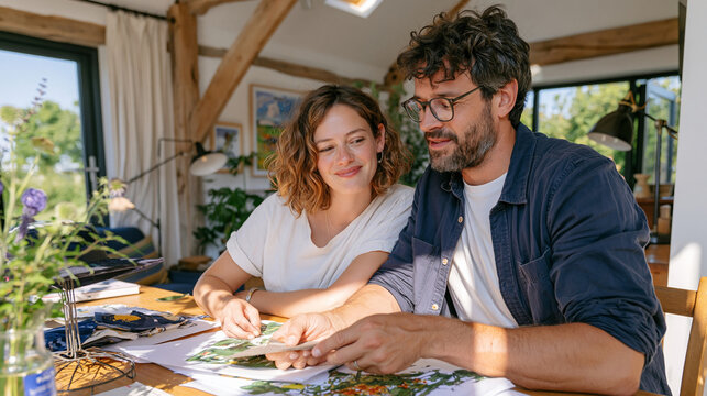 A milliner and her partner arrange fabric swatches in an airy converted barn studio surrounded by quiet rolling farmland, pinning a structured felt brim to a wire stand, the rental space made warm w