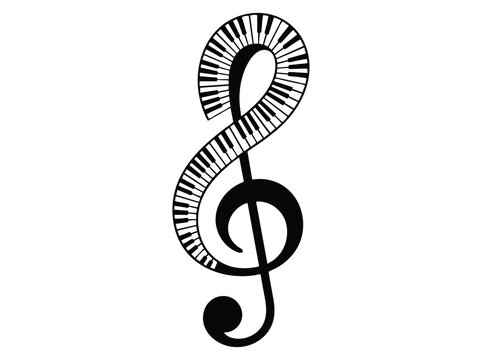 Musical treble clef with piano keys pattern, creative music note vector illustration, black and white g-clef symbol for jazz and classical concerts