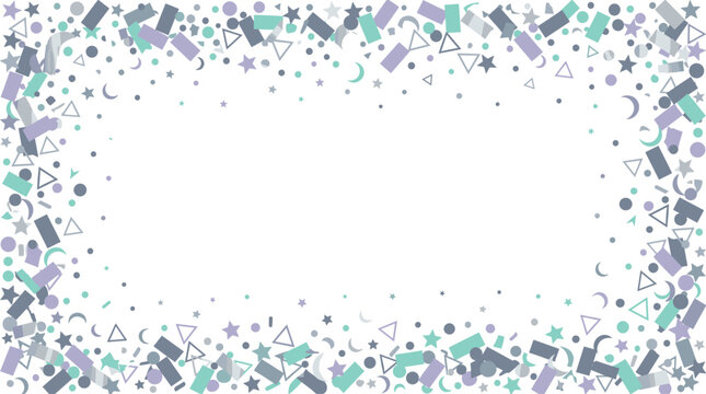 Pastel confetti border frame vector abstract background banner featuring celebratory geometric shapes stars crescent moons triangles and confetti pieces on white copy space