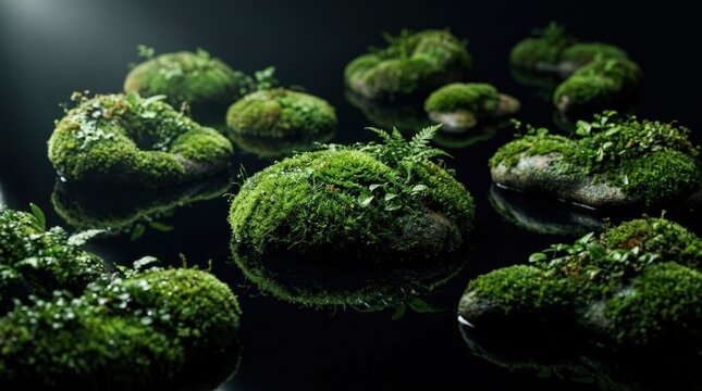 Mossy green islands and rounded biomorphic forms floating on a glossy black reflective surface, premium surreal macro render, rich emerald palette, soft directional spotlight, wet textures, shallow