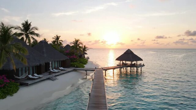 Tropical overwater bungalows at sunset in maldives, aerial view of luxury resort jetty and ocean villa