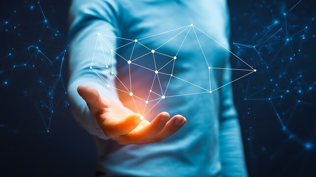 Man's open hand holding glowing network connections against dark background with bokeh effect