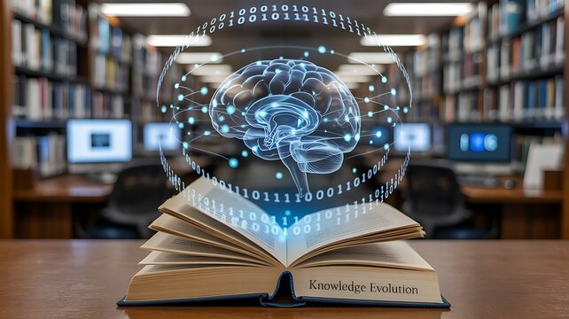 Open book with glowing digital brain emerging during library study session for technology concept