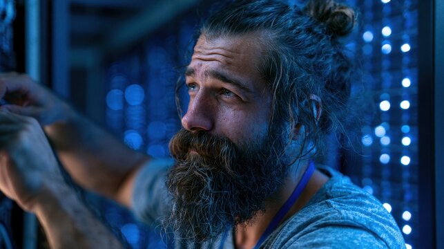 Bearded man with a man bun working in a server room