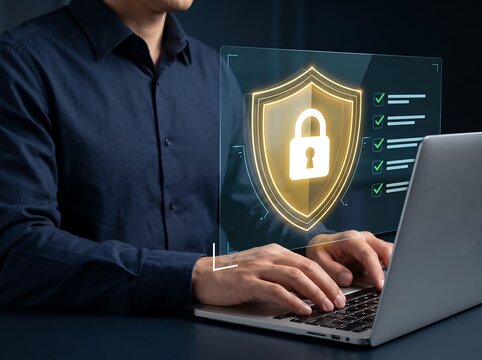 Digital security technology showing protected laptop access with glowing shield lock and verification interface