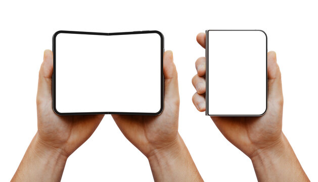 Foldable Smartphone in Hands With Transparent Screen Mockup