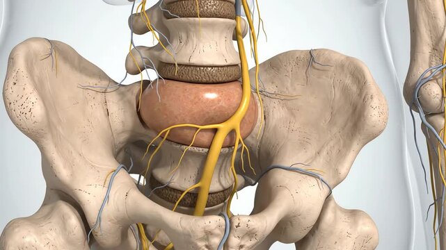 Lower back pain associated with compression of an intervertebral disc, showing a lumbar spinal segment with realistic vertebrae and a slightly compressed disc affecting nearby nerve structures