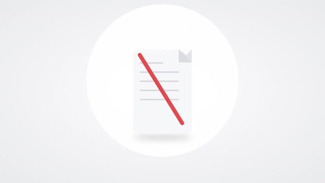 Minimal flat-design animation of a document marked with a red X for rejection, denial, or error status. Seamless 6-second loop in 4K, ideal for business, HR, finance, and software UI content. Transpar