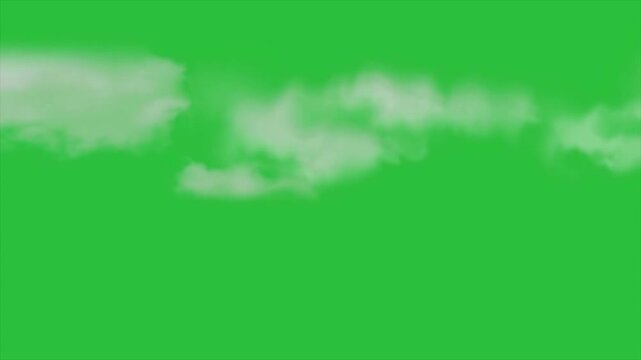 Realistic white clouds floating on green screen chroma key background, 4k soft cloud movement, sky overlay element for video editing, smoke effect