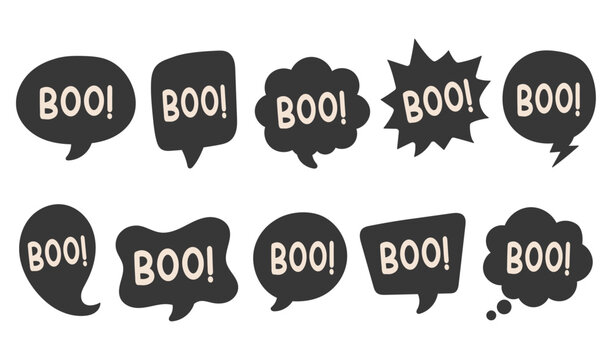 Vector set of black Halloween speech bubbles and chat boxes with the text boo. Playful elements for holiday party invitations, banners, and spooky graphics