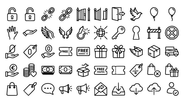 Free and Freedom Editable Line Icons with Unlock Access Broken Chain Gift Money and Zero Cost Symbols
