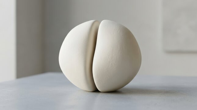 Soft ivory sculptural bulb with a deep central split, surreal ceramic object on a cool light-gray surface, premium 3D render, rounded biomorphic geometry, matte porcelain texture, gentle side