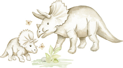 Watercolor Triceratops Mother And Baby Illustration © liliia_sinhina