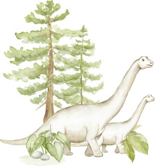 Watercolor Dinosaur Family In Prehistoric Forest © liliia_sinhina