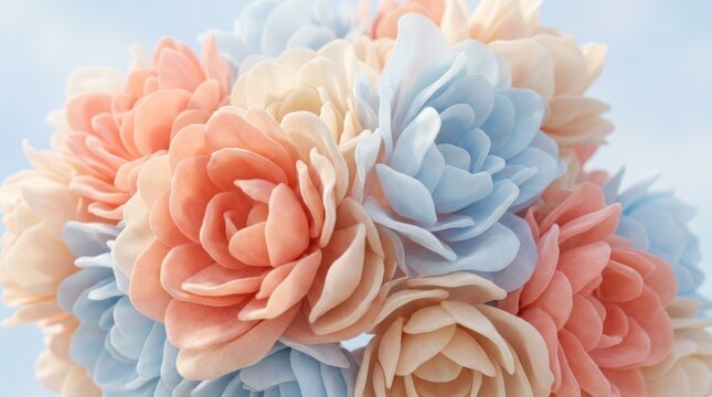 Large pastel flower-cloud with rounded coral, cream and blue petals filling the frame, soft diffuse light and subtle transparency, pale blue background, high-end organic 3D render, tactile dreamy