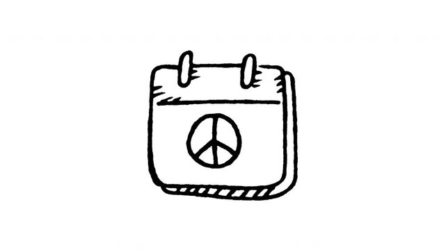 Animated doodle icon of a calendar page with a peace symbol marking World Peace Day.
