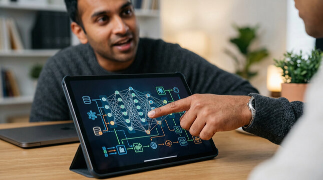 Professionals discussing neural network architecture on a tablet