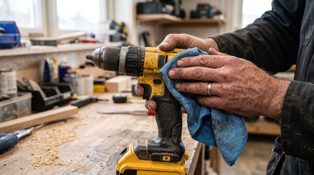 Professional carpenter cleaning yellow power drill with blue cloth, craftsman maintaining cordless electric screwdriver tool, workshop maintenance and repair