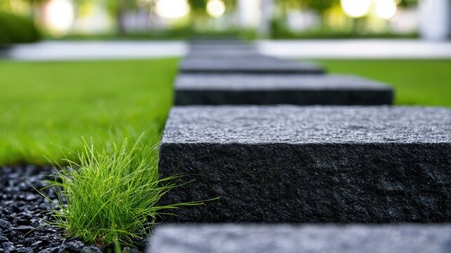 Garden walkway with dark grey stepping stones and green grass