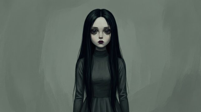 Doll-like young woman with extremely long straight black hair and a pale oval face, front-facing against a muted gray-green background, dark minimalist dress, oversized reflective eyes, eerie gothic