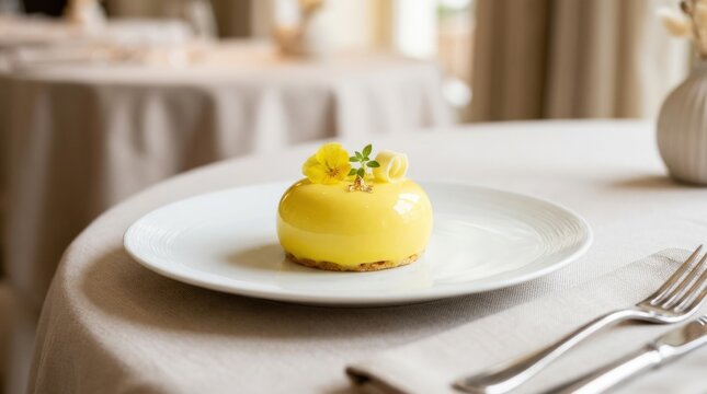 Small glossy yellow mousse dessert centered on a white plate, minimalist fine-dining photography, pale cream background, lemon-yellow glaze, subtle soft shadow, shallow depth of field, elegant clean